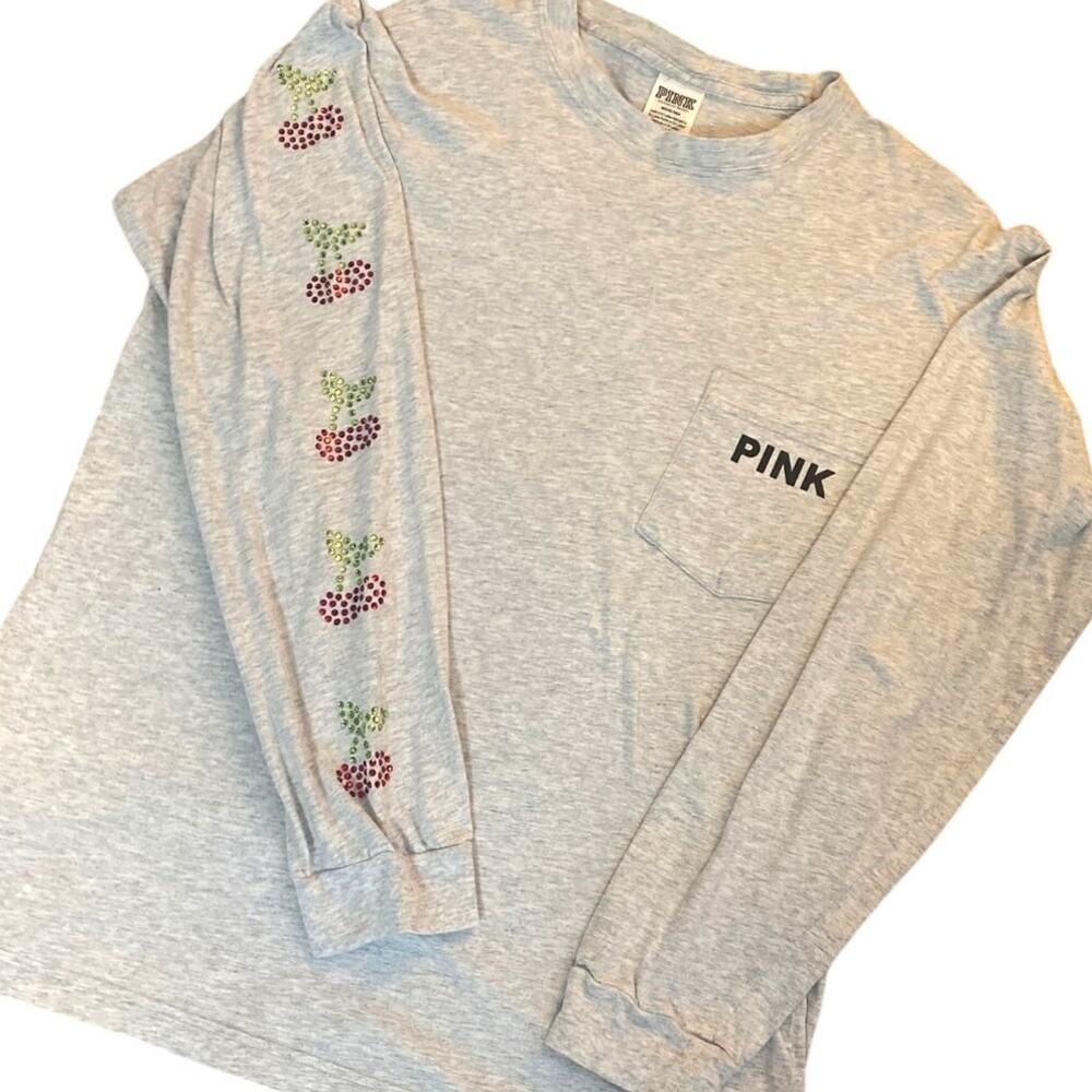PINK Victoria Secret Women M Long Sleeve Shirt Gray Rhinestone Cherry Sleeve